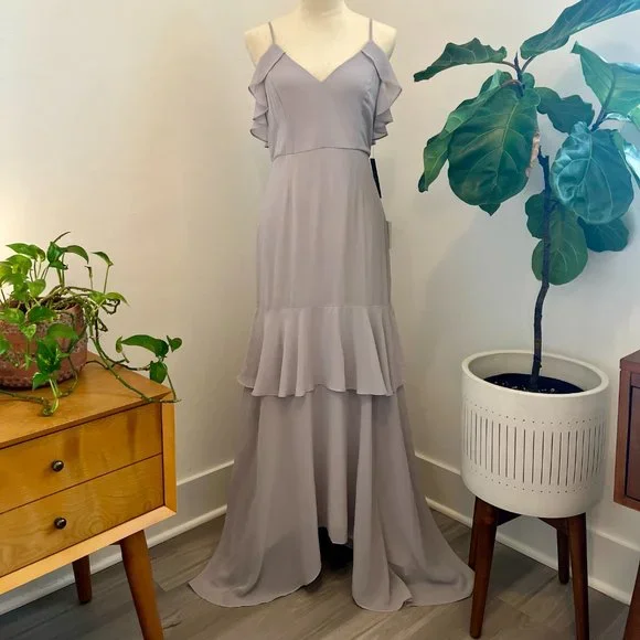 Lulus | Dresses | Nwt Lulus Cherish The Moment Light Grey Ruffled Highlow Maxi  Dress Size Med | Poshmark